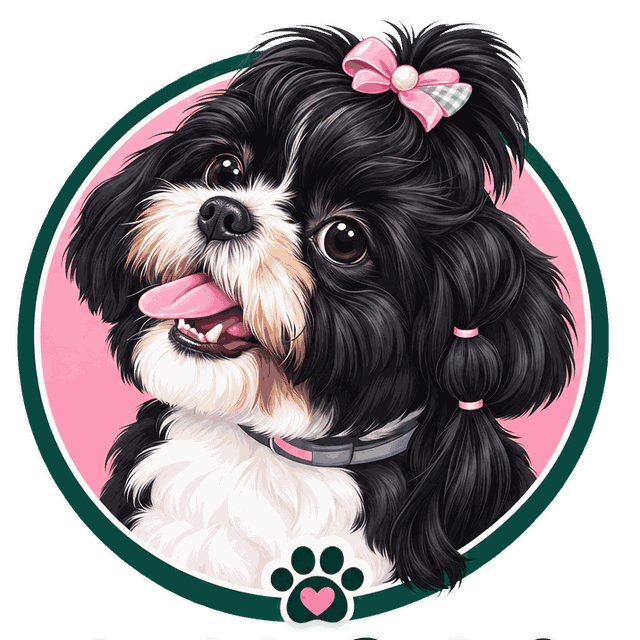 Ilustração da Miah, uma Shih Tzu preta e branca com lacinho rosa