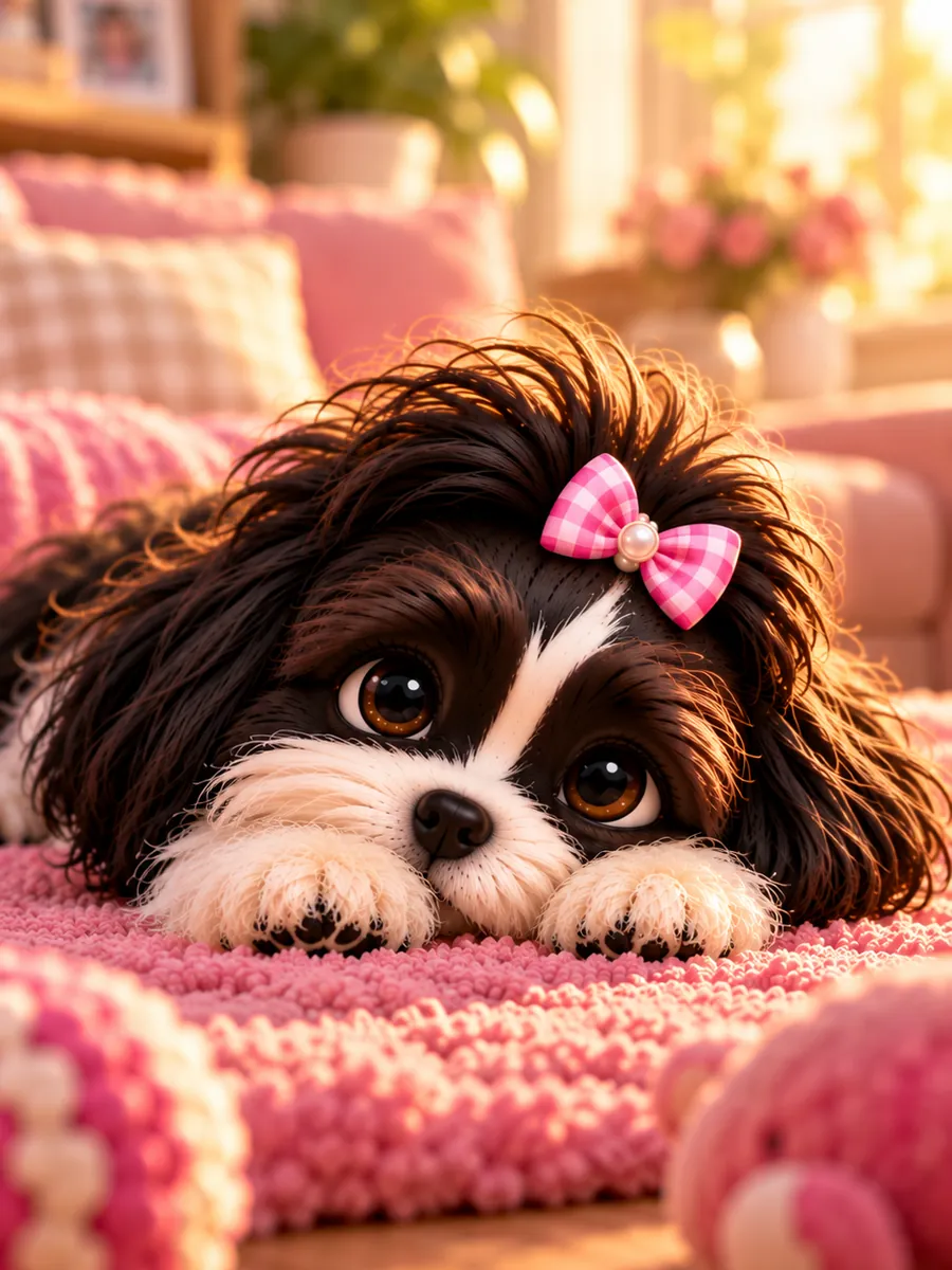 Miah lying down and playing on a pink rug