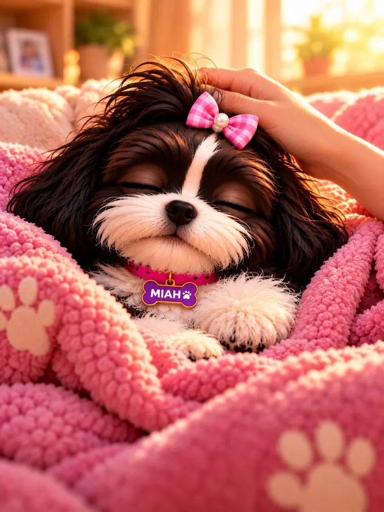 Miah resting under a pink blanket while a hand strokes her head