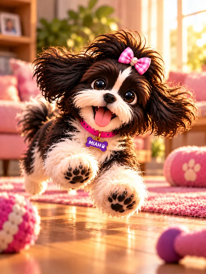 Miah running happily across a pink rug