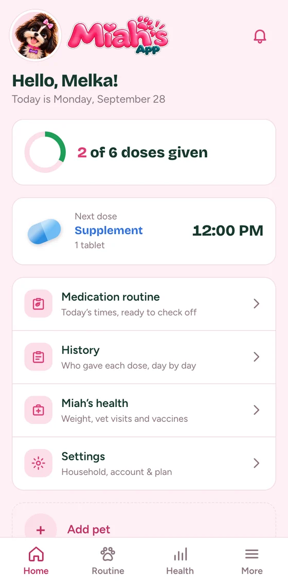 Miah’s App home screen: doses given today and the next dose
