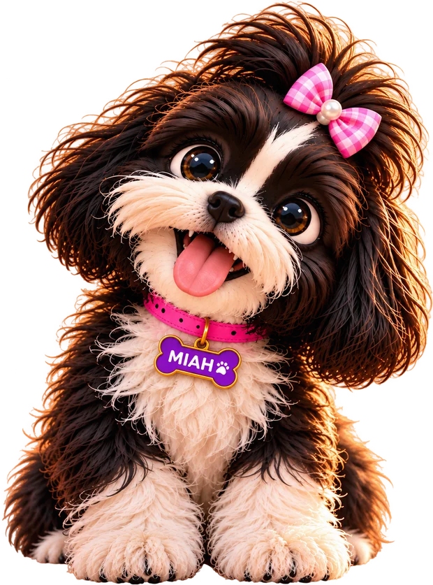 Miah, a black and white Shih Tzu with a pink bow and a purple MIAH tag