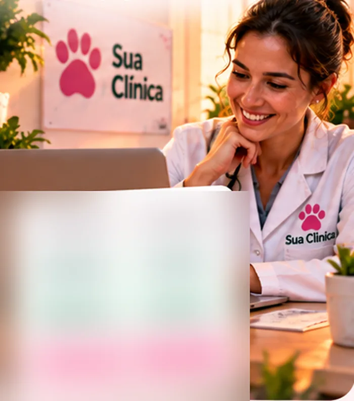 Veterinária sorrindo no computador da clínica