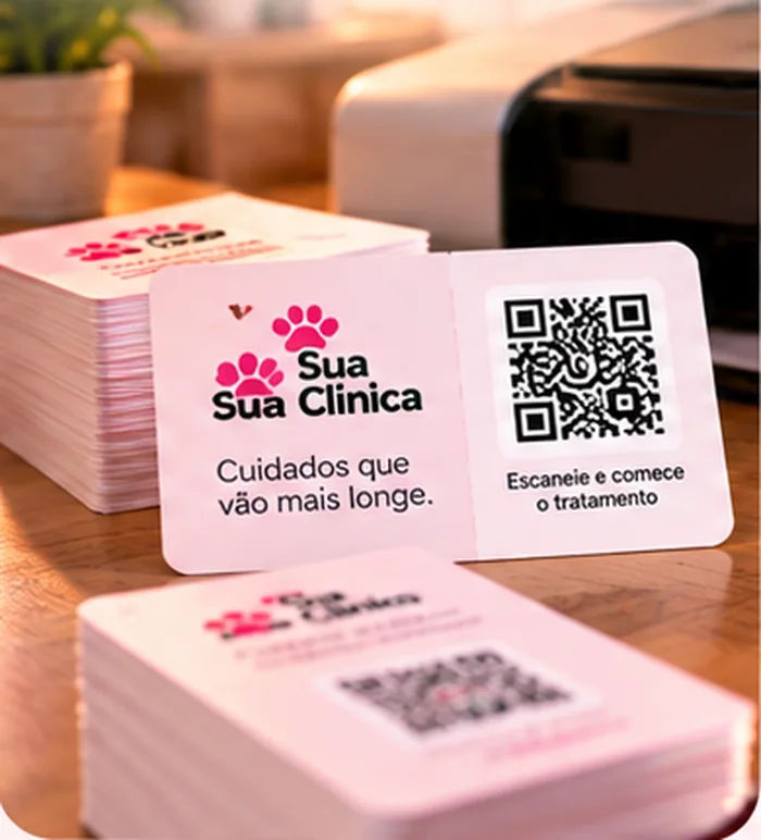 Pilha de cartões de alta com a marca da clínica e o QR code