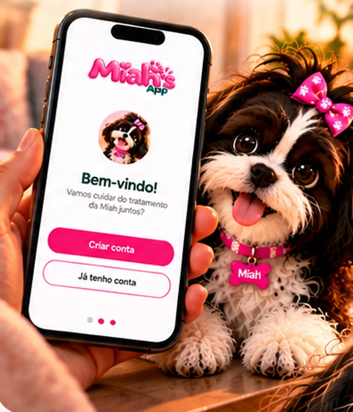 Tutor segurando o celular com a tela de boas-vindas do app, ao lado da Miah