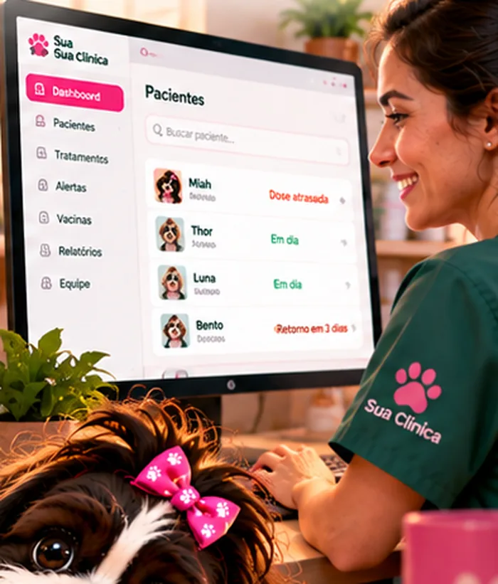 Veterinária no computador acompanhando a lista de pacientes no portal