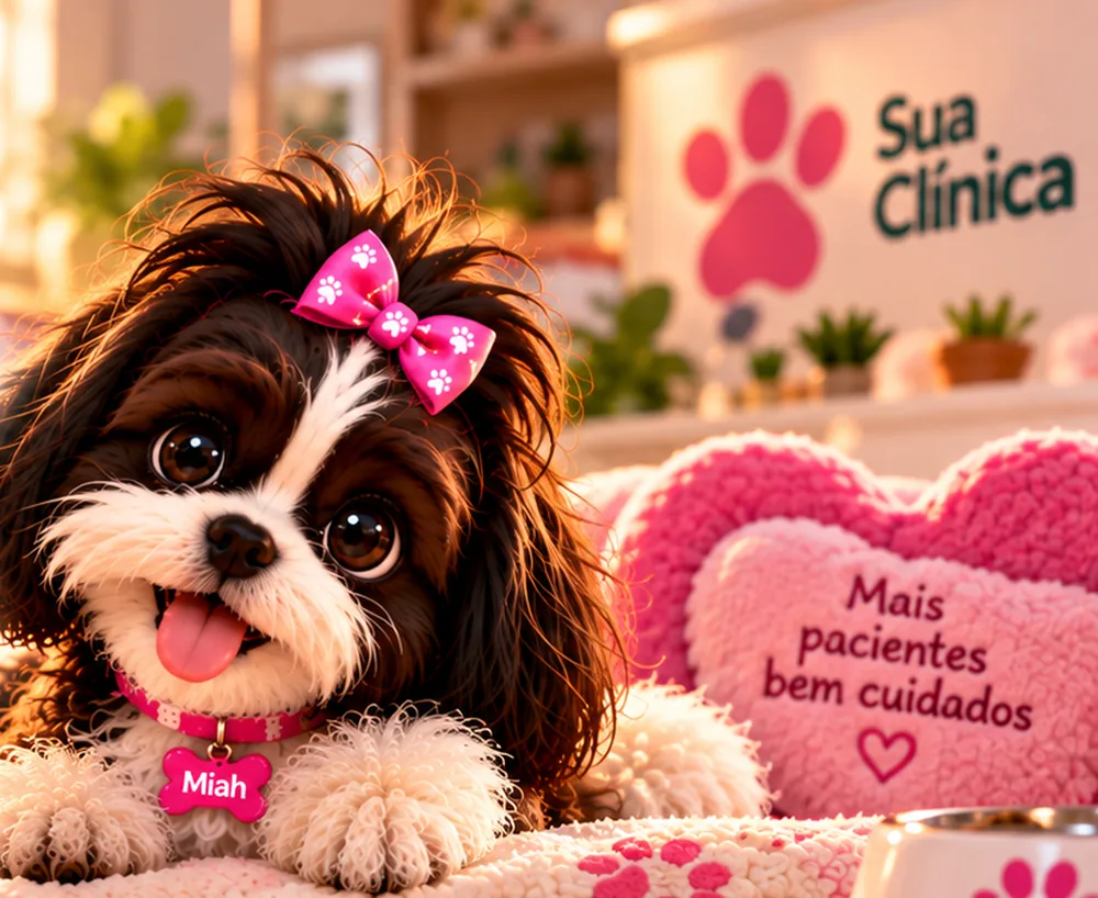 A Miah deitada numa clínica, ao lado de almofadas de coração escrito Mais pacientes bem cuidados