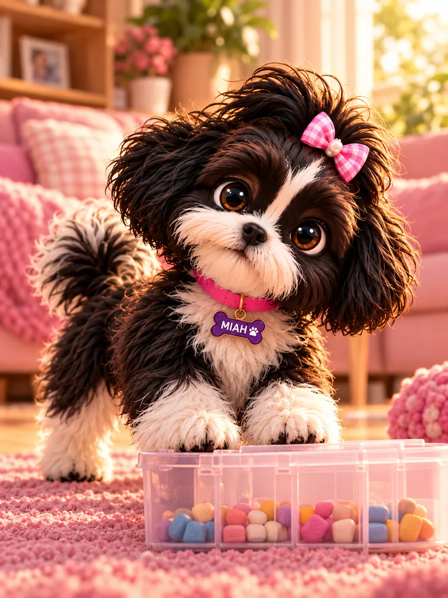 Miah next to a colorful pill organizer