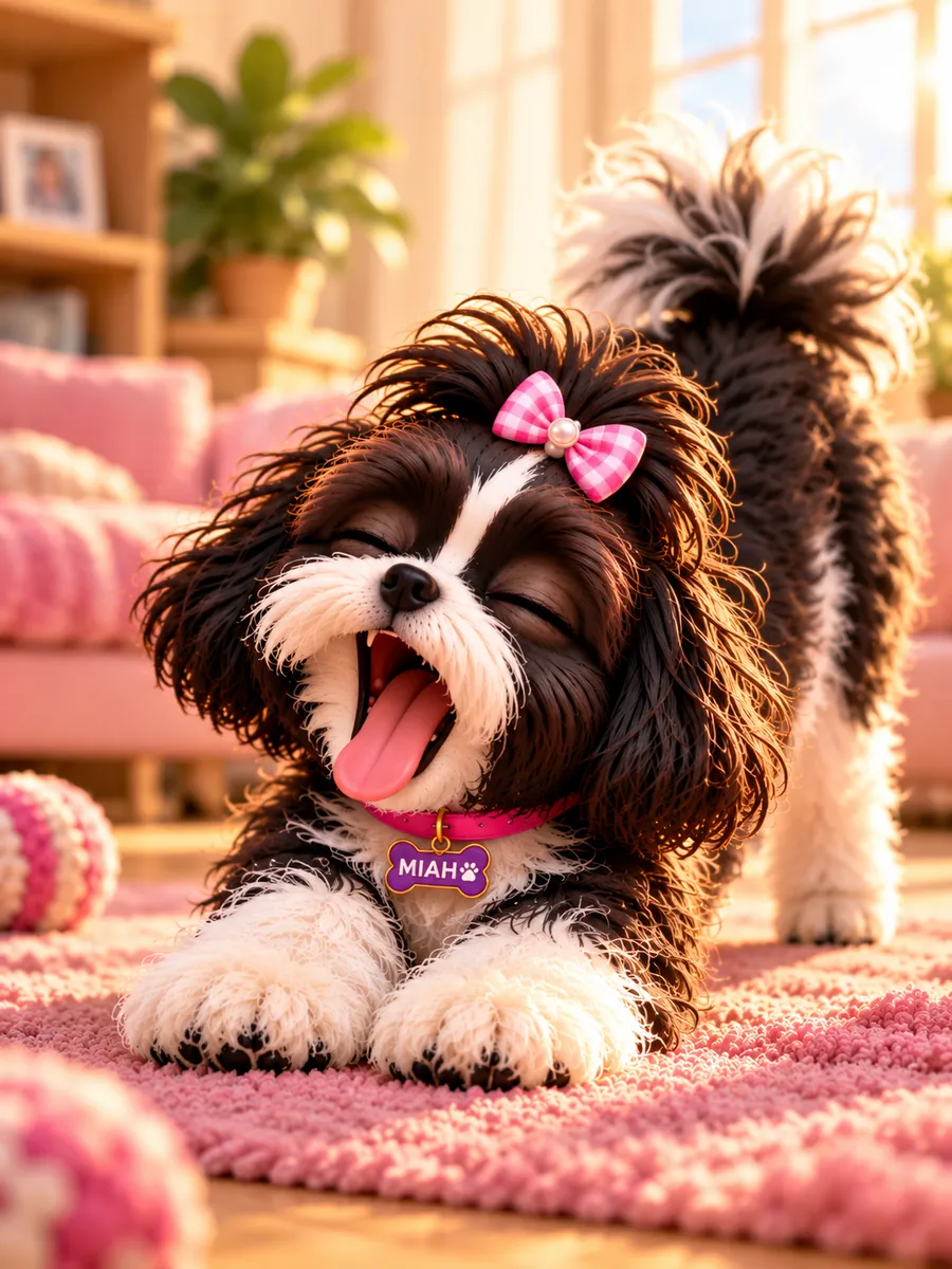 Miah yawning on a rug